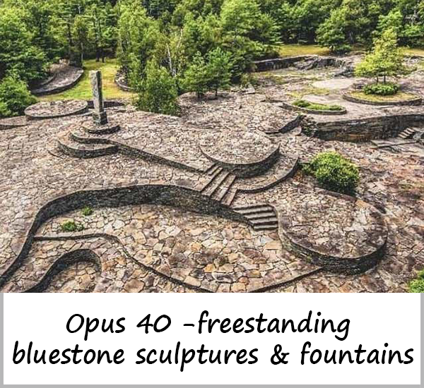 Button for Opus 40 website, showing Freestanding Bluestone Sculptures and Fountains"