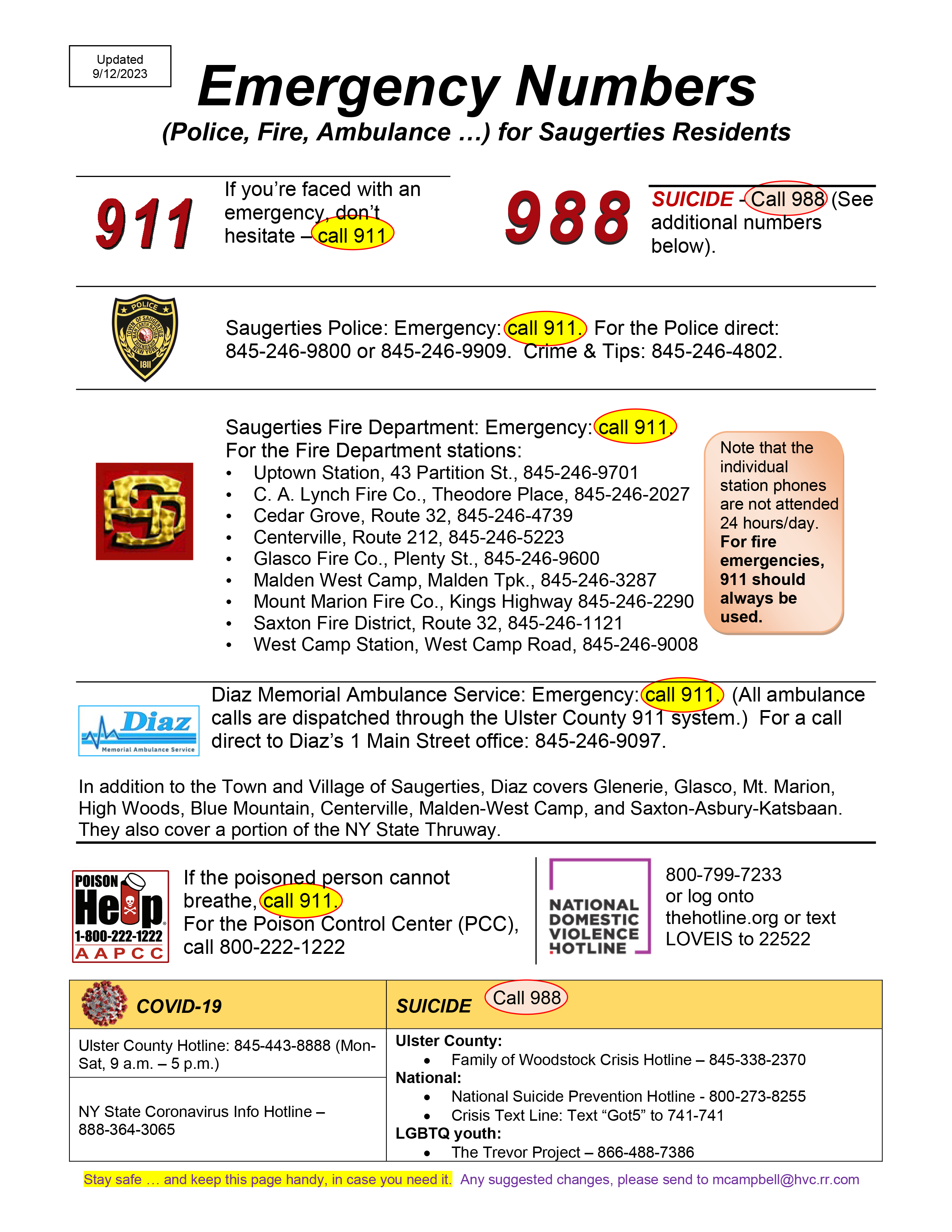 Image of the 1-page Emergency Numbers PDF