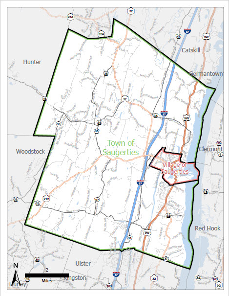 Town of Saugerties Color Map showing Town border and the Village within the Town