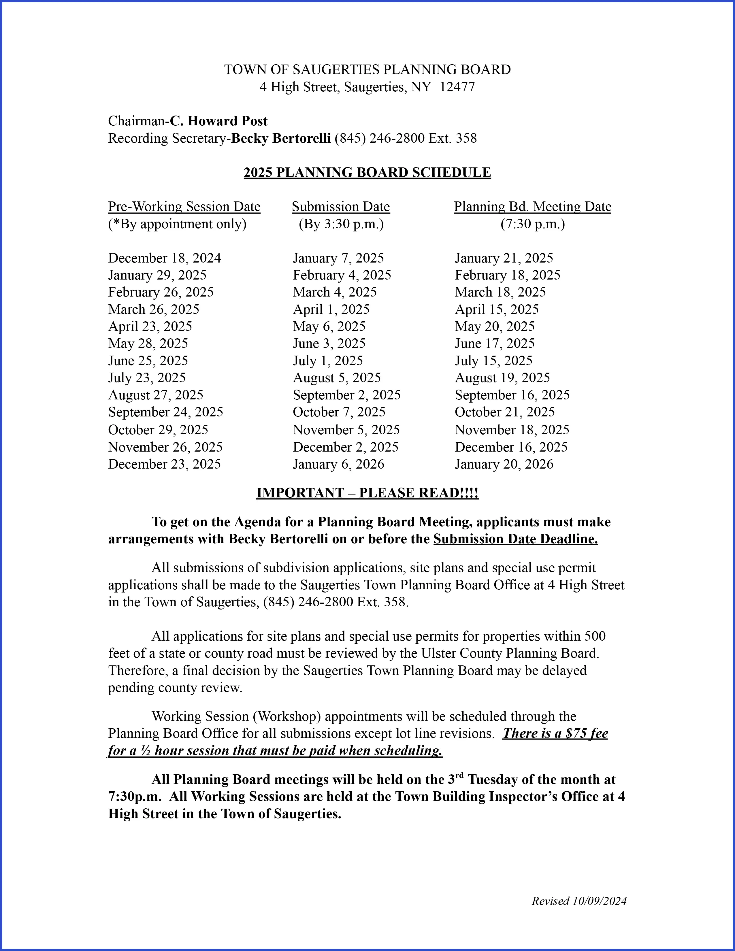 Planning Board Schedule for 2025