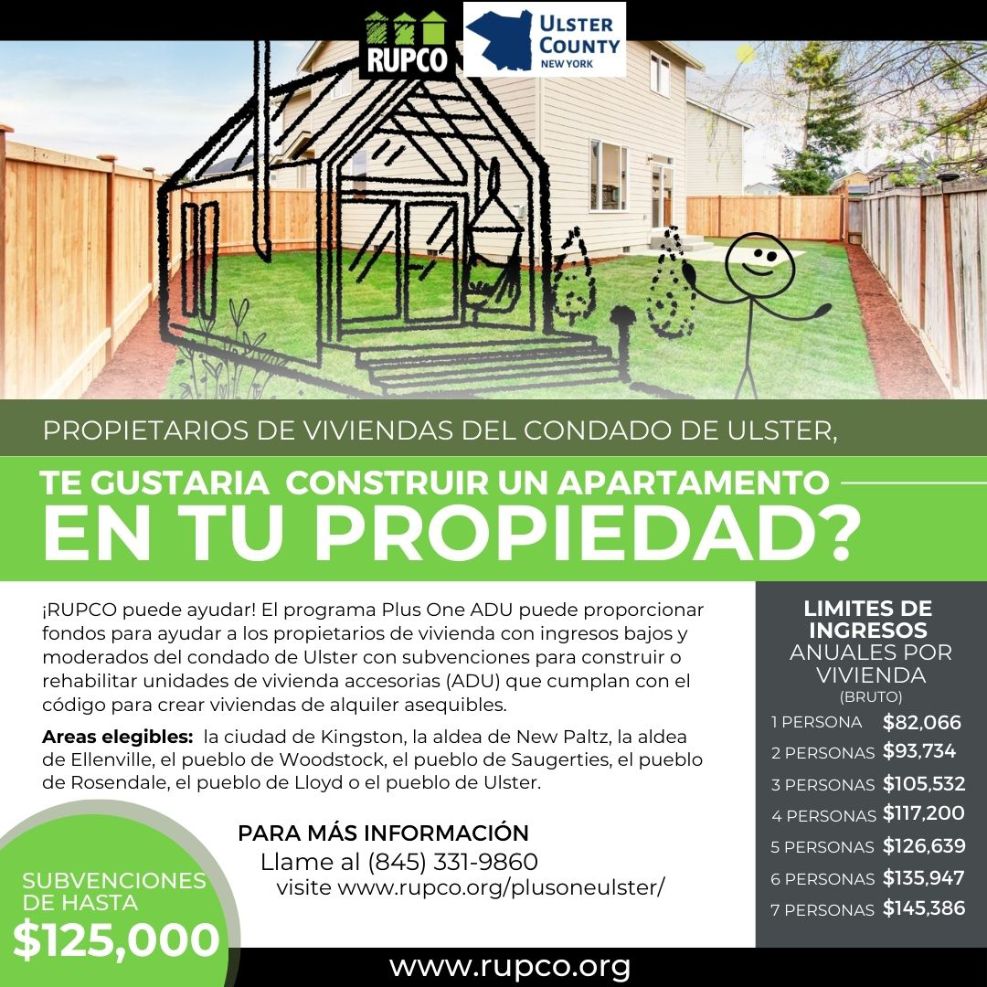 Spanish-language flyer explaining the Ulster County Plus One ADU program in brief.