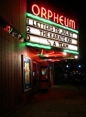 A nightime photo of the Orpheum Theater's marquee.  Links to the Orpheum Theater webpage.